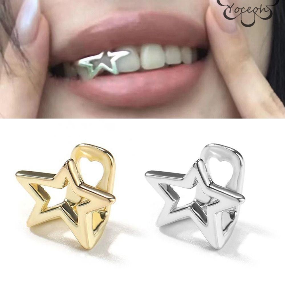 YOCEOH Hip Hop Răng Grillz, Mũ Răng Đồng Màu Vàng, Gangsta Punk Không Đều Rỗng Pentagram Ngôi Sao Kẹ