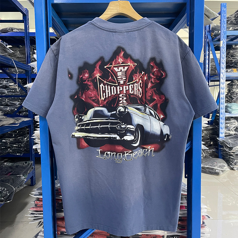 XJH9 West coast choppers West Coast Cross Flame Car“Vintage Washed Short Sleeve T T-shirt Men and Wo