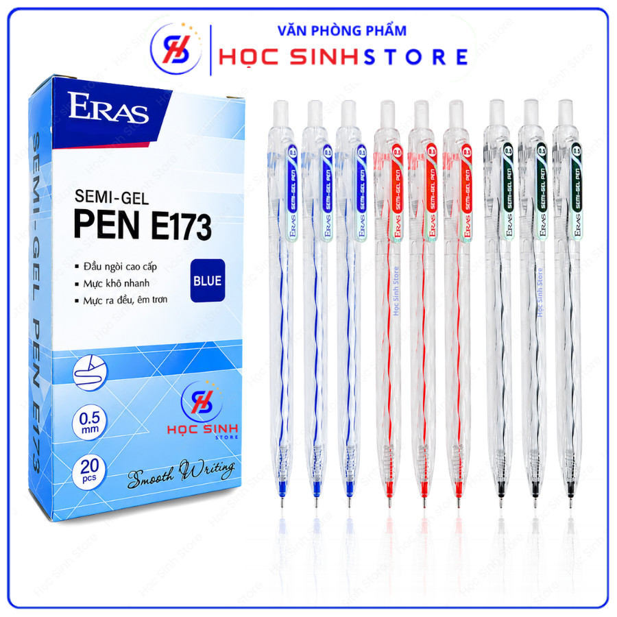 Combo 5/10/20 Cây Bút Bi Semi Gel Eras E173 Ngòi 0.5mm Viết Mượt, Mực Đều, Không Lem (Mực Xanh/Đỏ/Đe