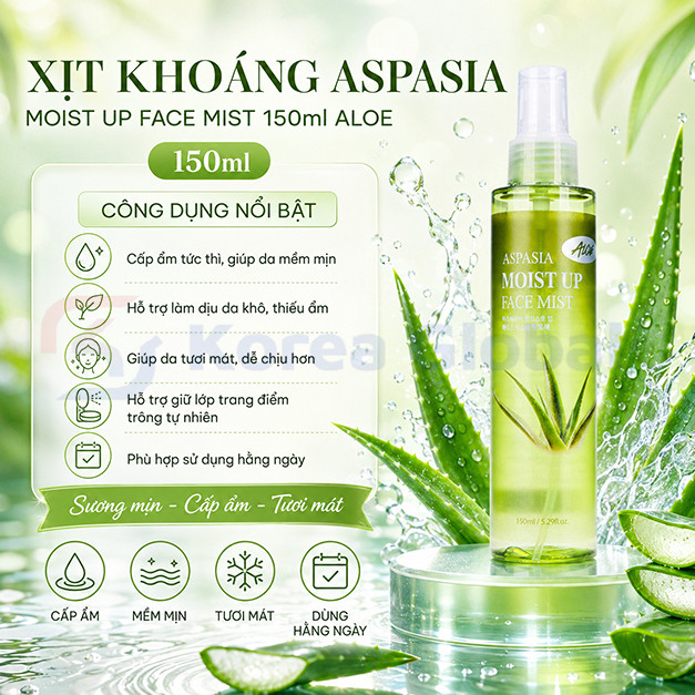 [ASPASIA] Xịt khoáng lô hội Aspasia Moist Up Face Mist 150ml