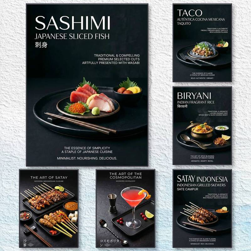 Thế Giới Ẩm Thực Canvas Treo Tường Bộ Nghệ Thuật Sashimi Taco Biryani Satay In Hình Nhà Bếp Trang Tr