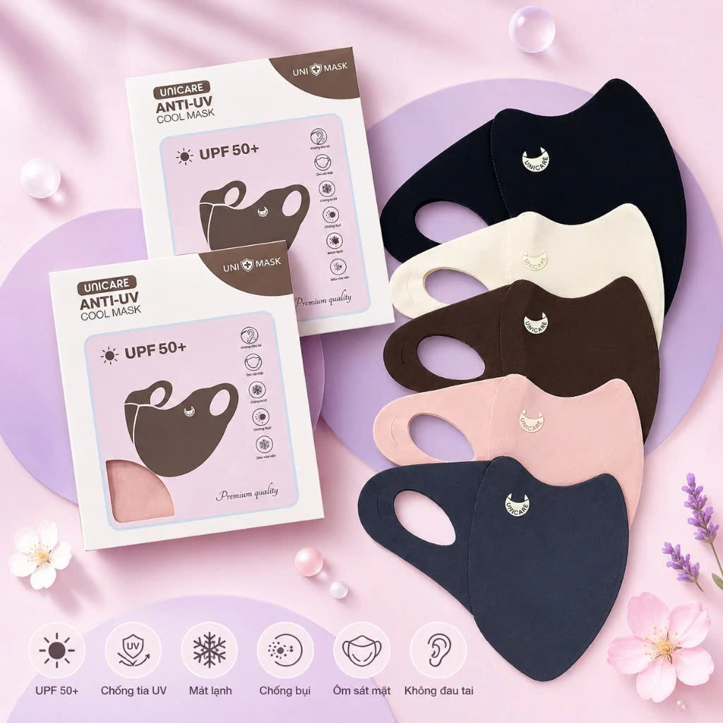 Khẩu Trang Chống Nắng Anti UV Unicare UPF50+ Vải Lụa Băng Mát Lạnh, Chống Tia UV 99%