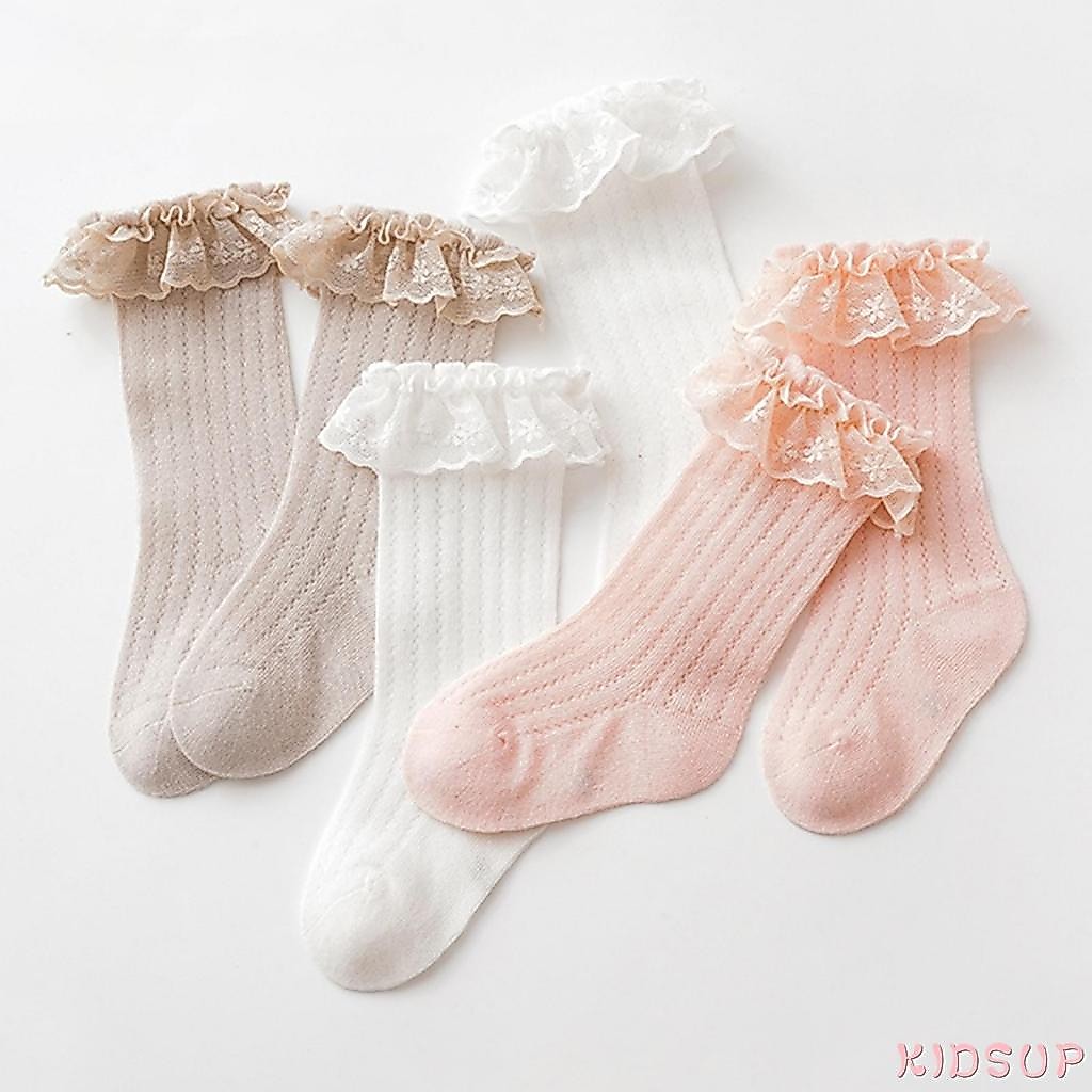 Fashionme-baby socks for kids girl knee high socks soft frilly long socks vớ ren ruffle thoáng khí c