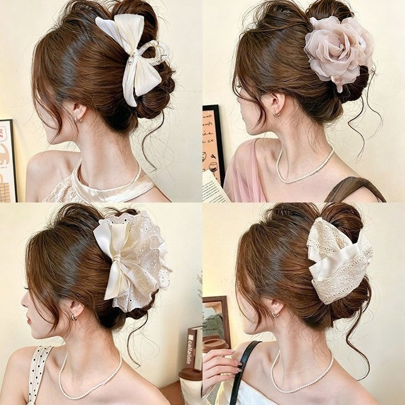 Satin Ren Nơ Organza Hoa Hồng Trang Trí Tóc Lớn Hàm Kẹp Chống Trơn Trượt Mạnh…