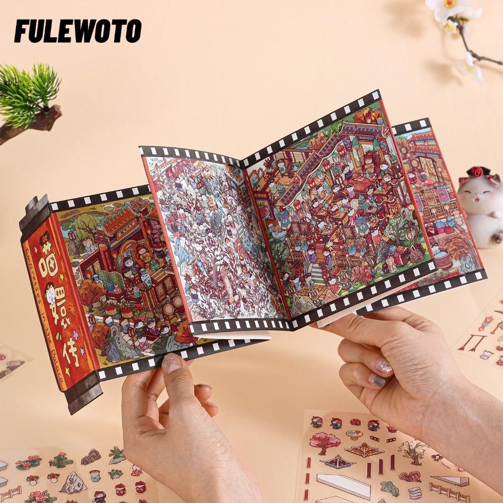 FILEWOTO DIY Sticker Book, Scroll Style Kawaii Design Cabin Scene, Cartoon Cat Meow Gets Into Charac