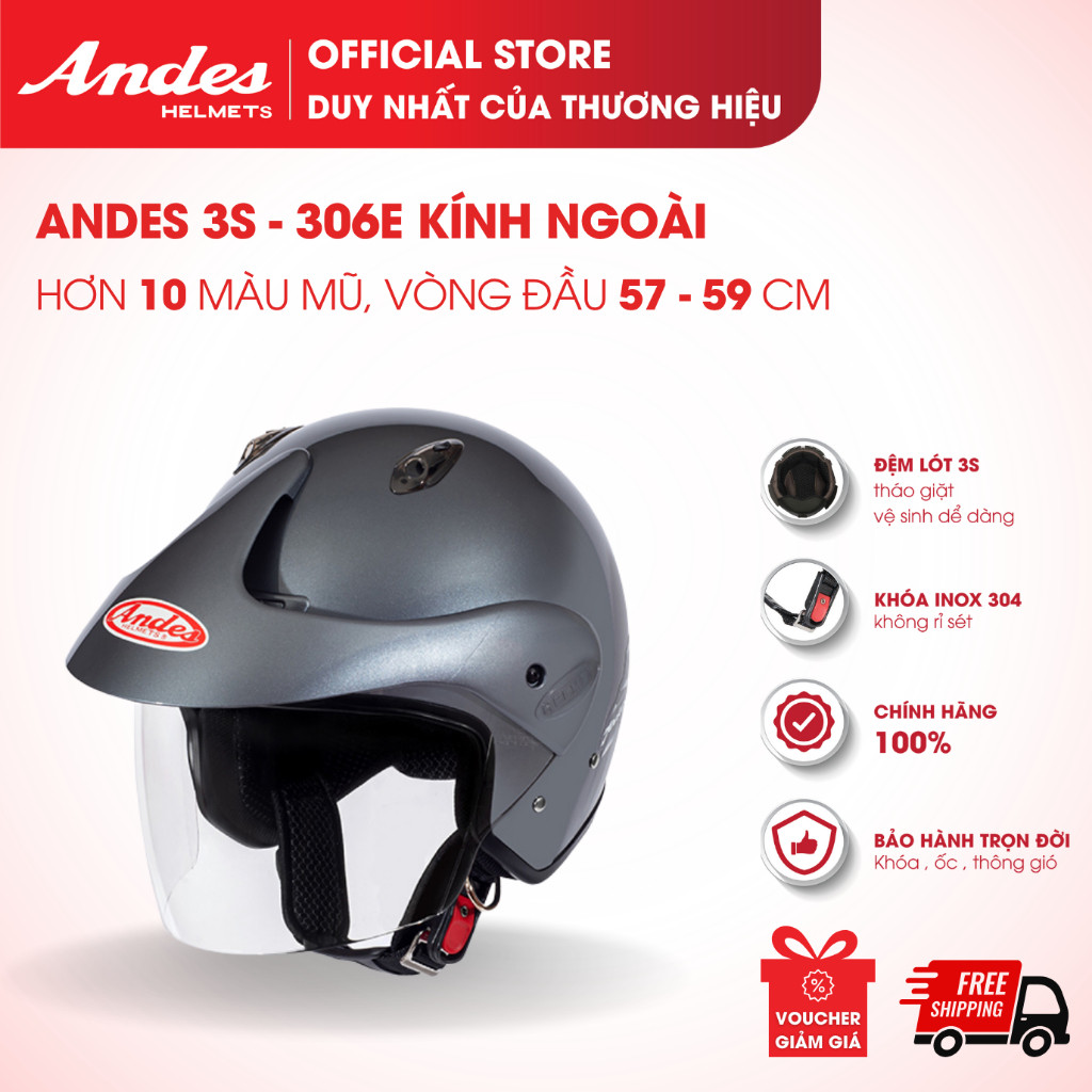HCM [Official] Mũ Bảo Hiểm Andes 3S-306E, Kiểu 3/4 Đầu Có Kính, Nhiều Màu Sắc