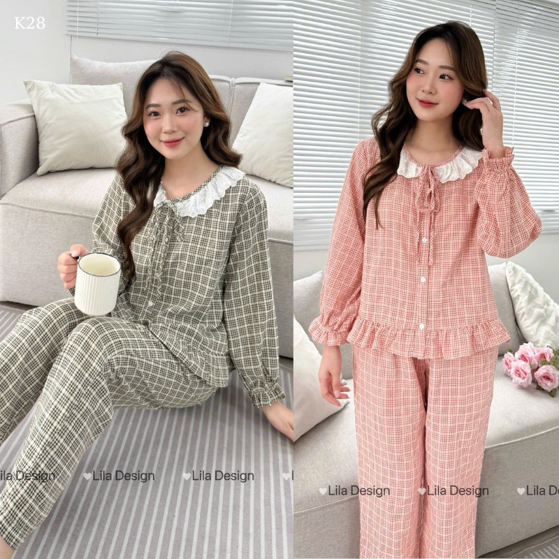 Đồ bộ mặc nhà kẻ caro nữ LILA cổ tròn dáng dài,có túi,chất thô cotton thấm hút mồ hôi - P12