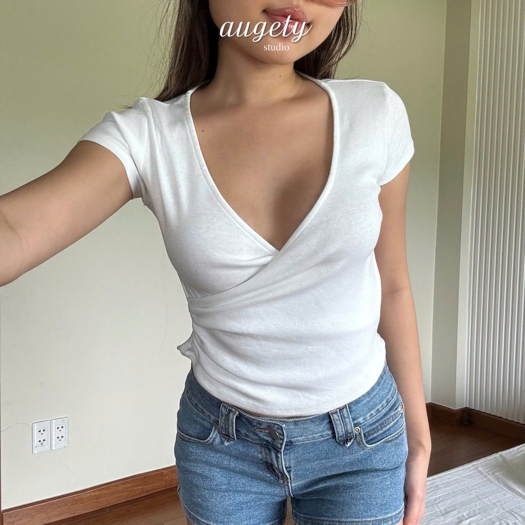 Áo Thun Nữ Cổ Tim Khoét Vạt Đắp Chéo Nhún Chiết Eo Thun Gân Mềm Mịn Augety Studio, VEE TOP | BigBuy360 - bigbuy360.vn