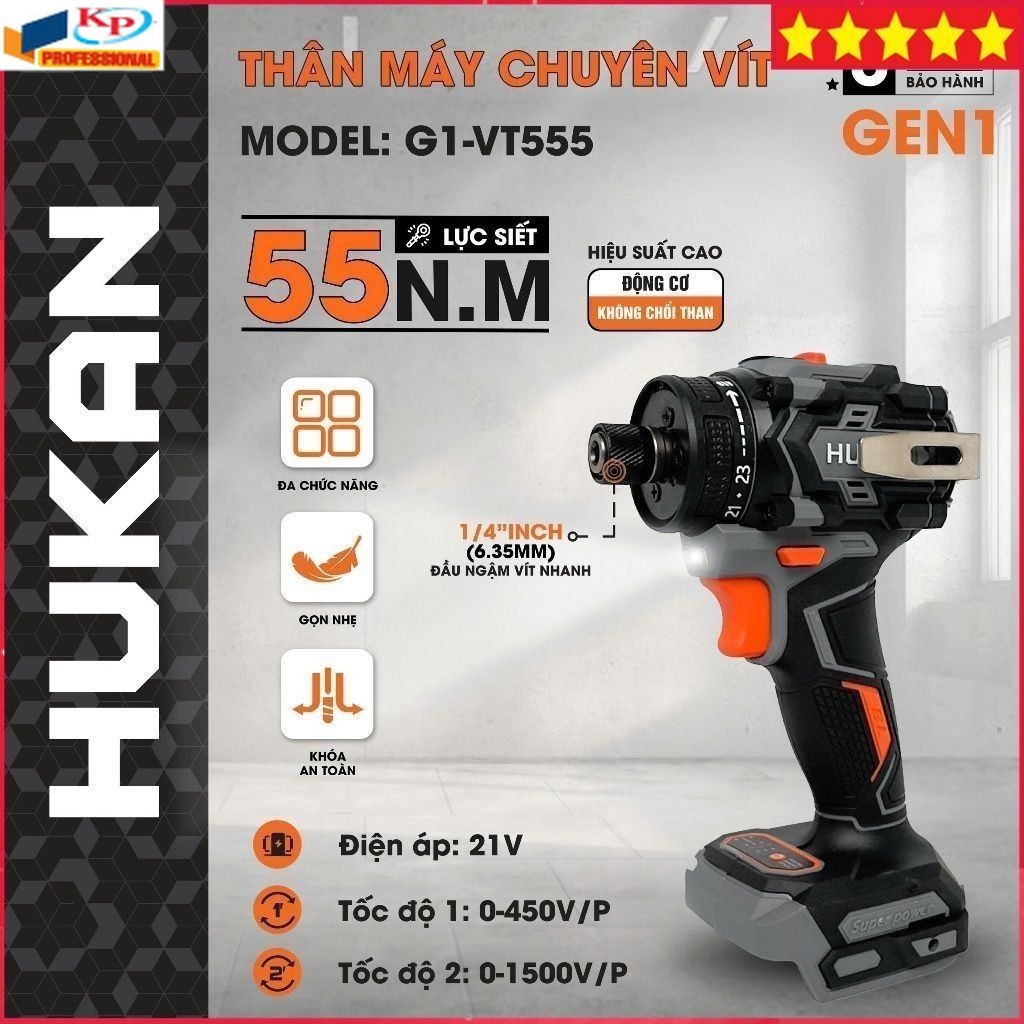 Máy chuyên vít trượt HUKAN G1-VT555, 23 cấp trượt, Chân pin phổ thông M21, Lực siết 55NM . Kim phát 