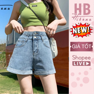 Quần Short Jeans Nữ Cạp Cao Dáng Chữ A, Quần Bò Đùi  Ngắn Hack Chân Thiết Kế 2 Bận Gấu Cúc Xanh Trắng Đen S01 Hibena