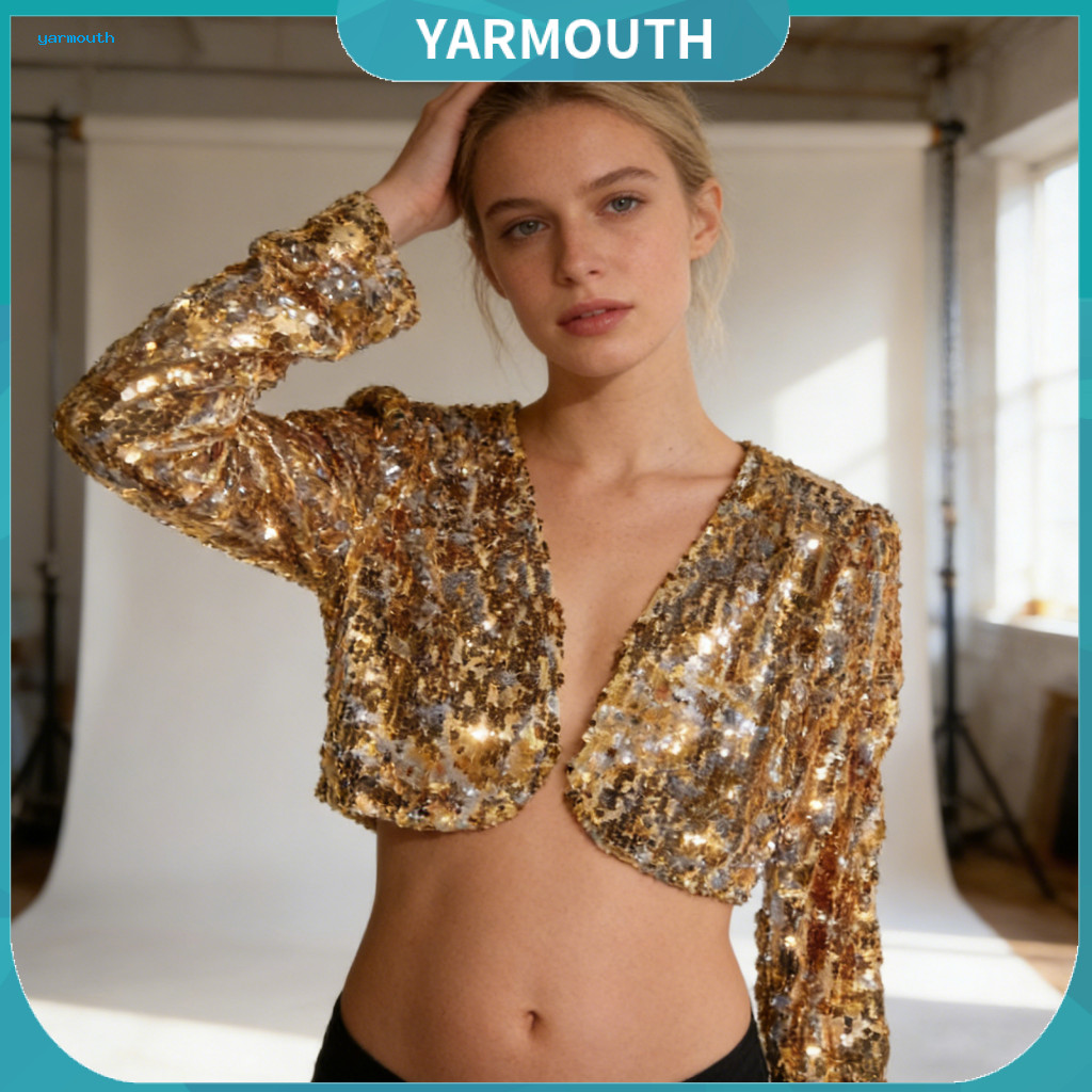 YYR _ Sequin Cardigan Sợi Polyester Cardigan Nữ Sequin Shrug Bolero Áo Khoác Mở Phía Trước Dài Tay C