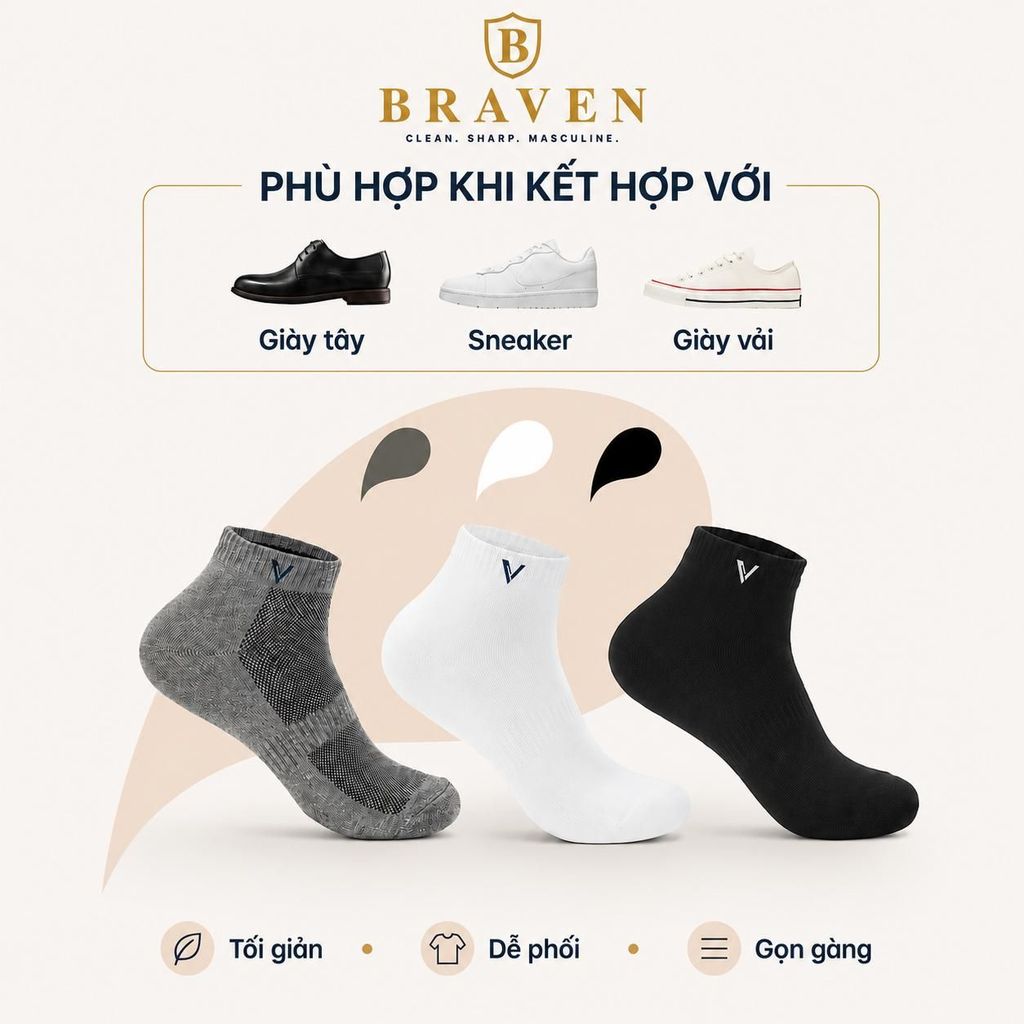 Combo 5 Đôi Tất Nam Cổ Ngắn BRAVEN Premium Cotton – Mềm Mịn, Thoáng Khí, Khử Mùi Hiệu Quả