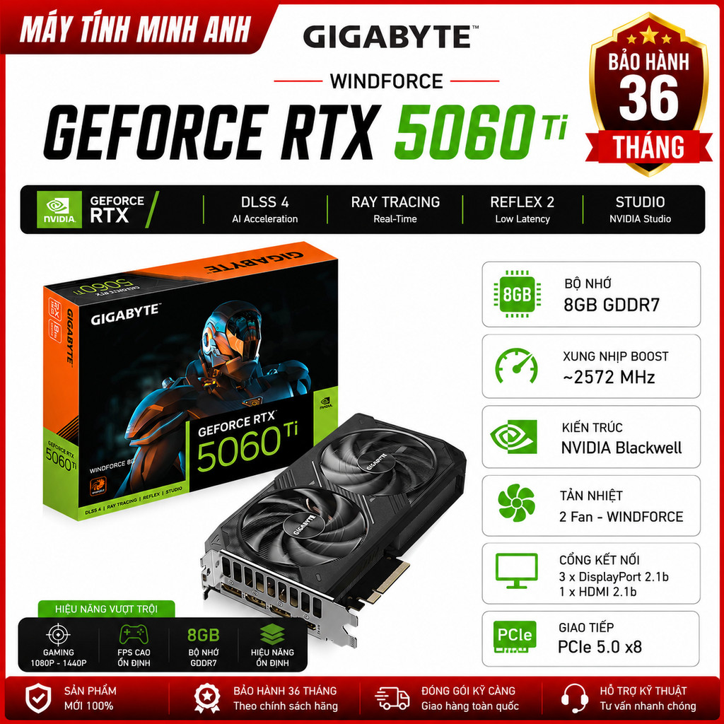 Card Màn Hình Gigabyte GeForce RTX 5060 Ti WINDFORCE MAX OC 8G GDDR7 - Chính Hãng BH 36 Tháng | BigBuy360 - bigbuy360.vn