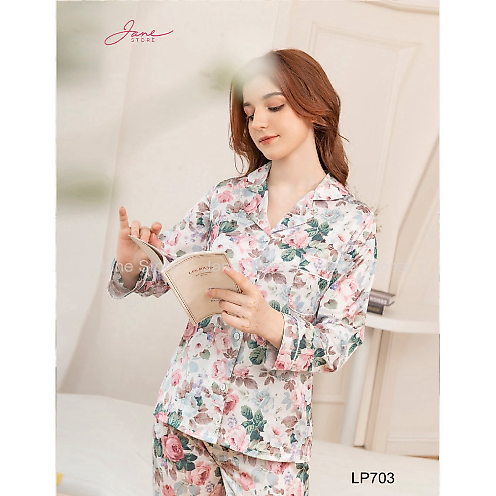 Bộ Pijama lụa dài tay phối họa tiết tinh tế - Set đồ ngủ Pijama lụa Pháp họa tiết cực sang trọng JAN