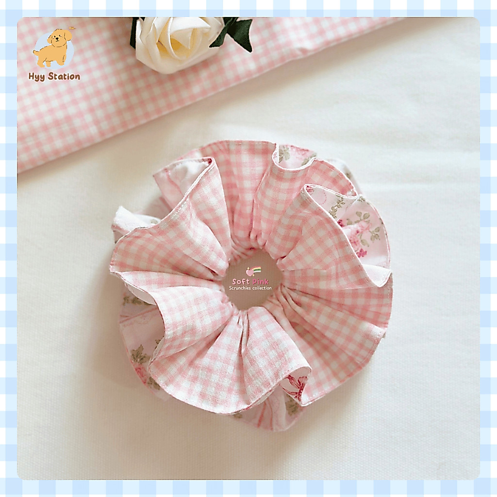 Scrunchies Dây Buộc Tóc Caro Hồng Soft Pink cute xỉu made by Hyy Station