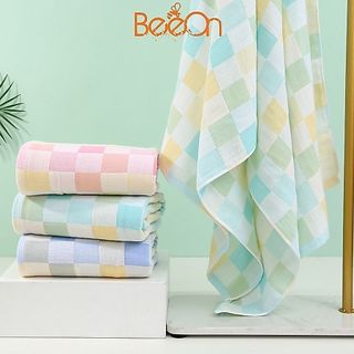 Khăn tắm cho bé vải cotton 2 lớp sọc caro, thoáng khí mềm mại thấm hút nhanh, size 70*140cm