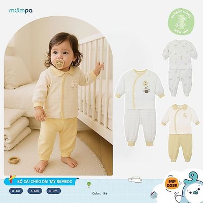 Đồ bộ cho bé sơ sinh Mompa dài tay 0-9 tháng vải Sợi tre Bamboo mềm mịn co giãn cúc chéo 0059