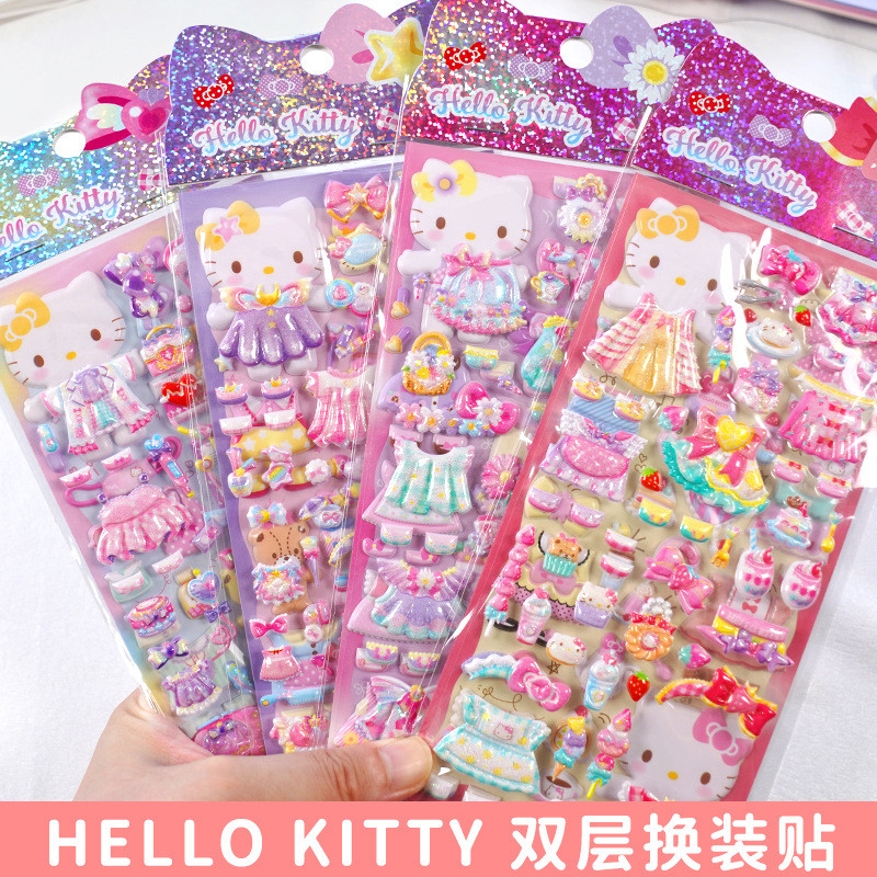 Hello kitty Ba Chiều Hai Lớp Trang Điểm Dán Sanrio Hello Kitty Girl DIY Trang Điểm Bong Bóng Dán