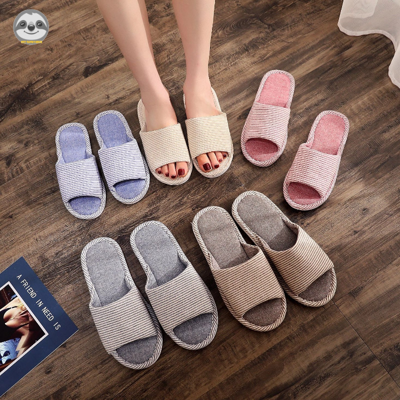 Phong cách Nhật Bản Phong cách Muji / Dép cặp đôi vải lanh sọc / Dép sandal gia đình dày dặn trong n