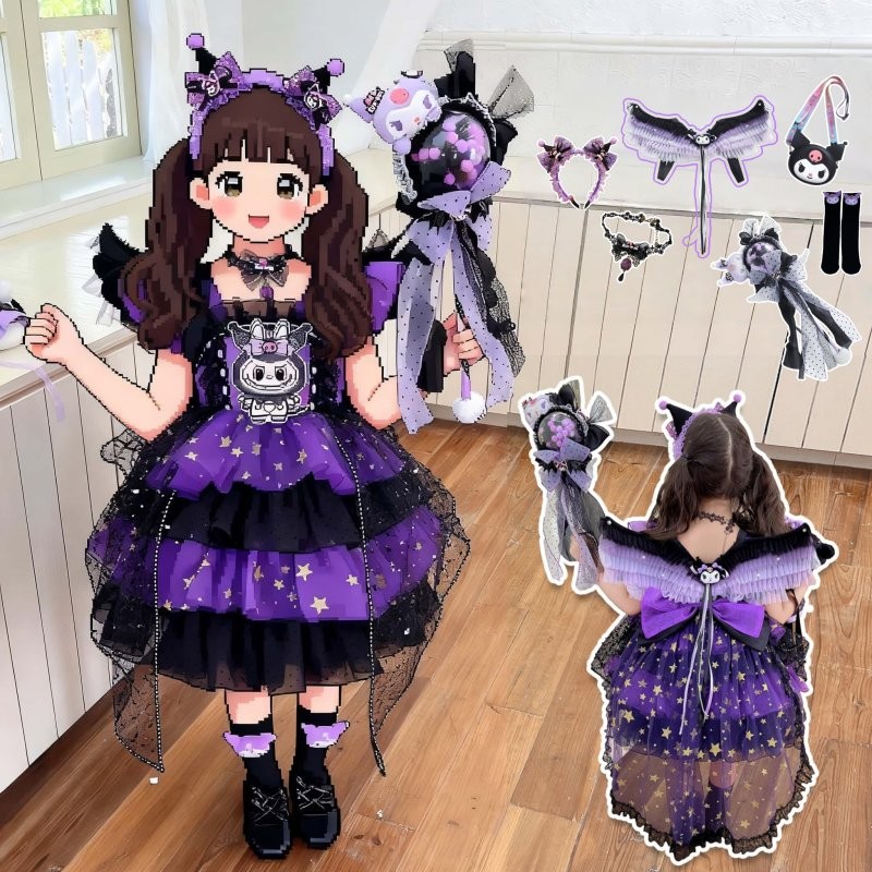 2025 Mystery Minis Halloween Kuromi Costume Kids Girl Star Printed Princess Dress With Big Bow Tail 