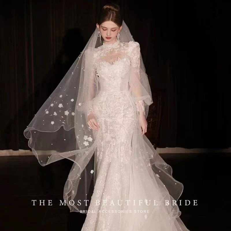 Veil hoa cô dâu phong cách Hàn Quốc, Veil tàu ngọc trai dài cô dâu phong cách Hàn Quốc để chụp ảnh