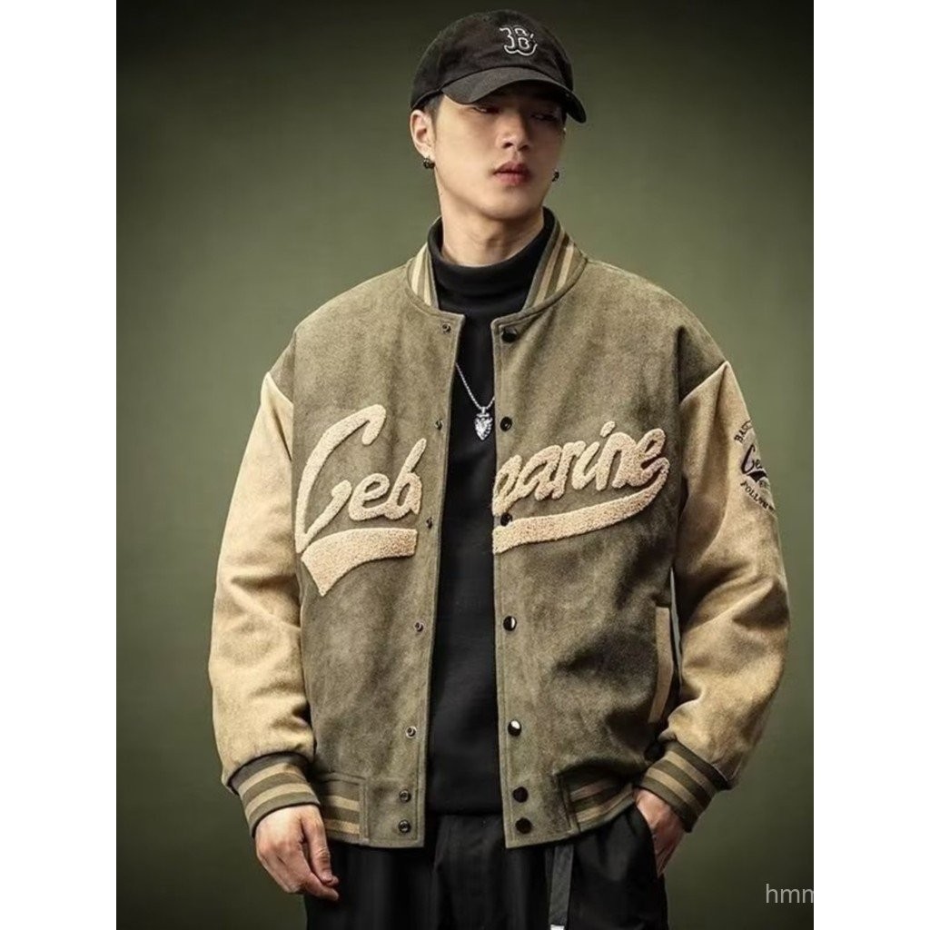 Áo khoác bomber nam da lộn bóng, lót lông cừu màu xanh, phù hợp thu đông