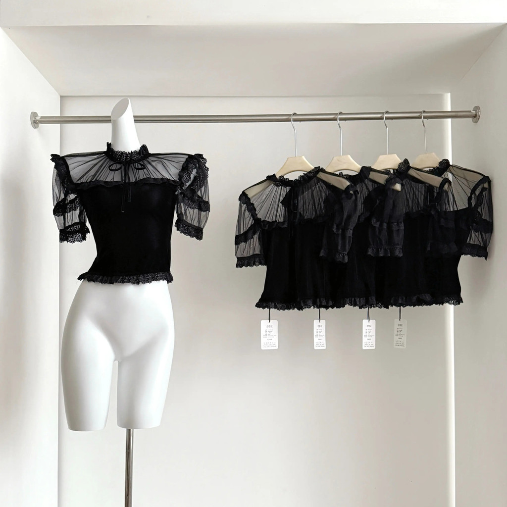Áo Sơ Mi Nữ Coquette Ren Lưới Nhung Top Ruffle Viền Tay Ngắn