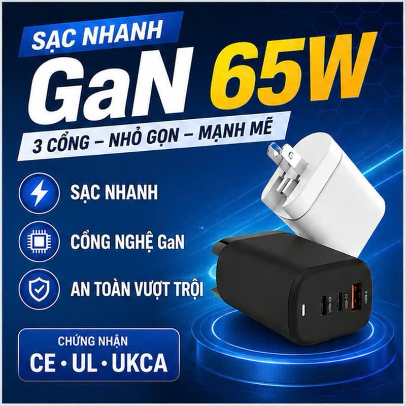 Củ Sạc Nhanh PD 65W 3 Cổng, Củ Sạc Nhanh PD 20W PUCEN HOME GaN Sạc Laptop Điện Thoại Nhựa ABS+PC Châ