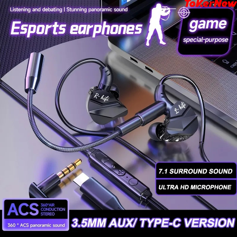 3.5mm/Type-C Dual Microphone Gaming Earphone 7.1 Surround Sound Hifi Stereo Wired headset E-sports T