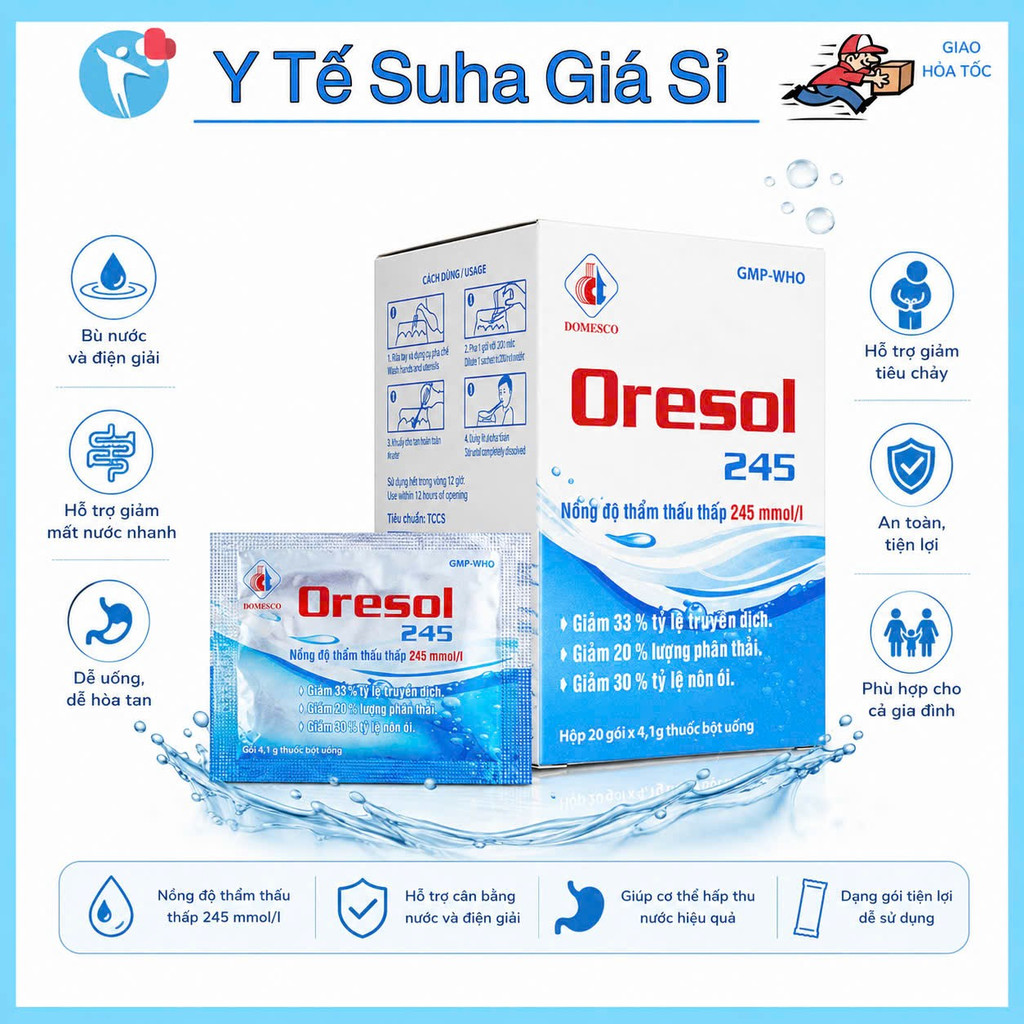 Bột pha uống Oresol 245 Domesco dùng khi mất điện giải và nước trong tiêu chảy, (HỘP 20 gói) Y TẾ SU