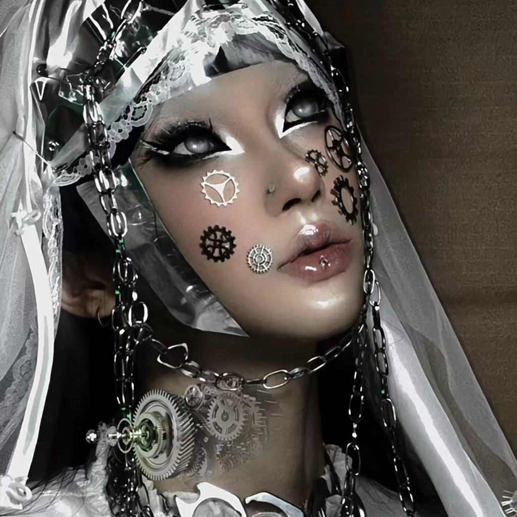 TQ~Punk nun with gear stickers on her face, blogger's imitation makeup, mechanical style, dark steam