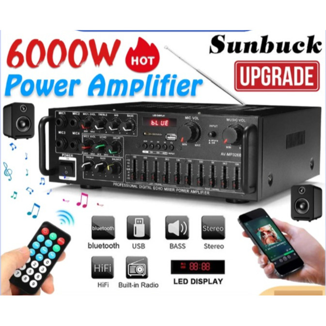 Amply Công Suất Sunbuck 6000W - Bluetooth 5.1, Kênh Stereo 2.0, Karaoke KTV, Rạp Hát Tại Nhà,Các Mod