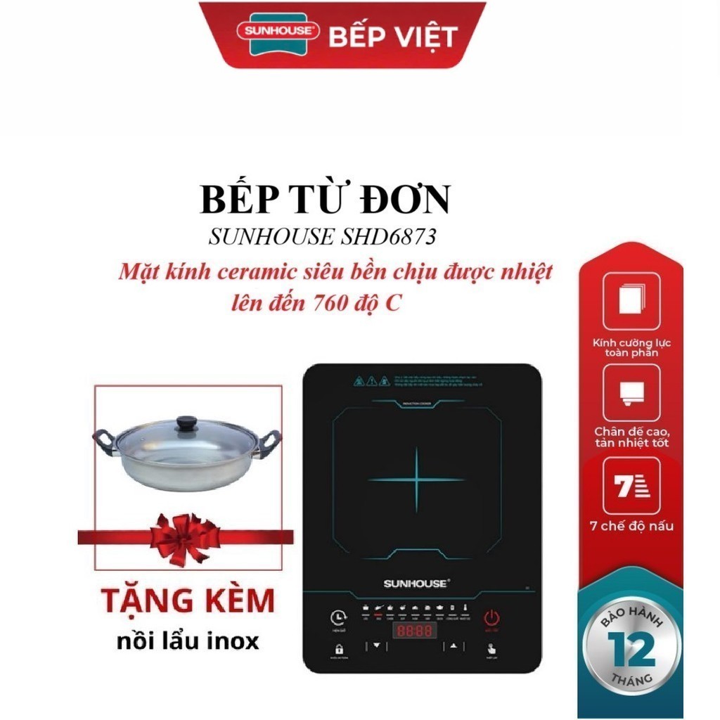 BẾP TỪ ĐƠN SUNHOUSE SHD6873_Tặng Kèm Nồi Lẩu Inox