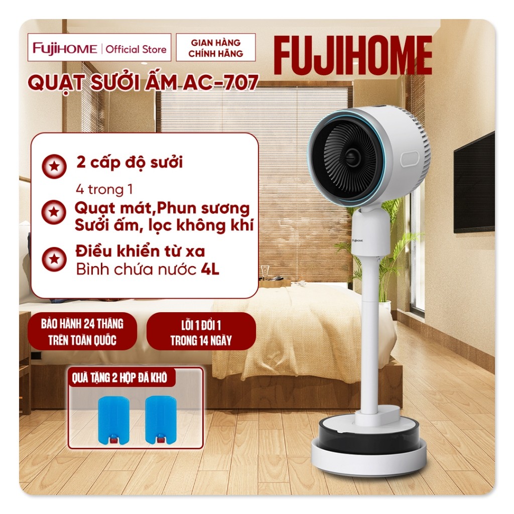Quạt sưởi ấm không khô da Fujihome AC707, quạt 4 mùa làm mát đối lưu không khí, phun sương tạo ẩm lọ