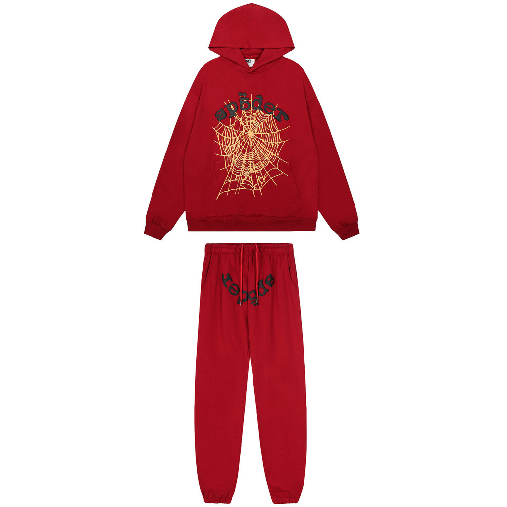 HJS4 sp5der Maychao55555Spider Web Foam Black Letter Print Hoodie and Sweatpants New Year Red Set