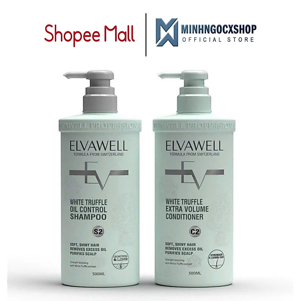 Dầu Gội Xả Giảm Rụng Tóc Sạch Dầu Bết ELVAWELL White Truffle S2 C2 500ML, Màu Xanh