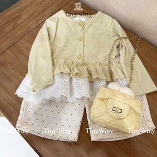 S9 Tiny Winy  - Set áo cardigan dài tay phối ren quần chấm bi cho bé gái