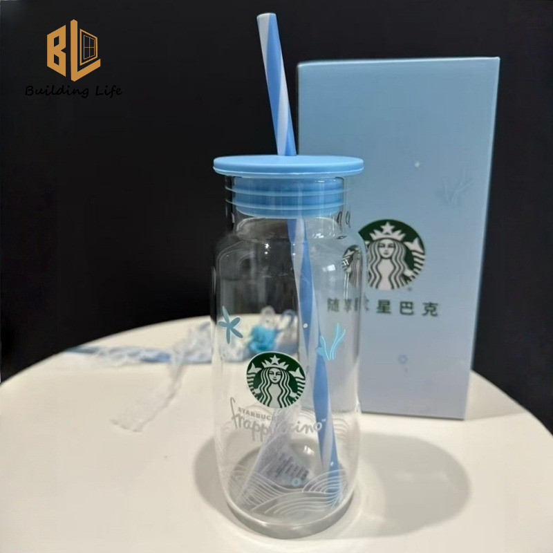 Cốc Starbucks Xanh Dương Chai Nước 500ml Ống Hút Thủy Tinh Có Nắp Cốc Cà Phê Chịu Nhiệt Cho Du Lịch 