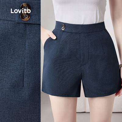 Quần short Lovito màu xanh dương đậm có nút phong cách thường ngày cho nữ L150AD781