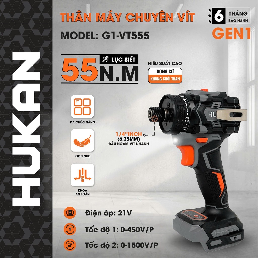 Thân Máy chuyên vít trượt pin HUKAN G1-VT555, Lực siết 55Nm, Tốc độ 1500v/p, Động cơ không thổi than