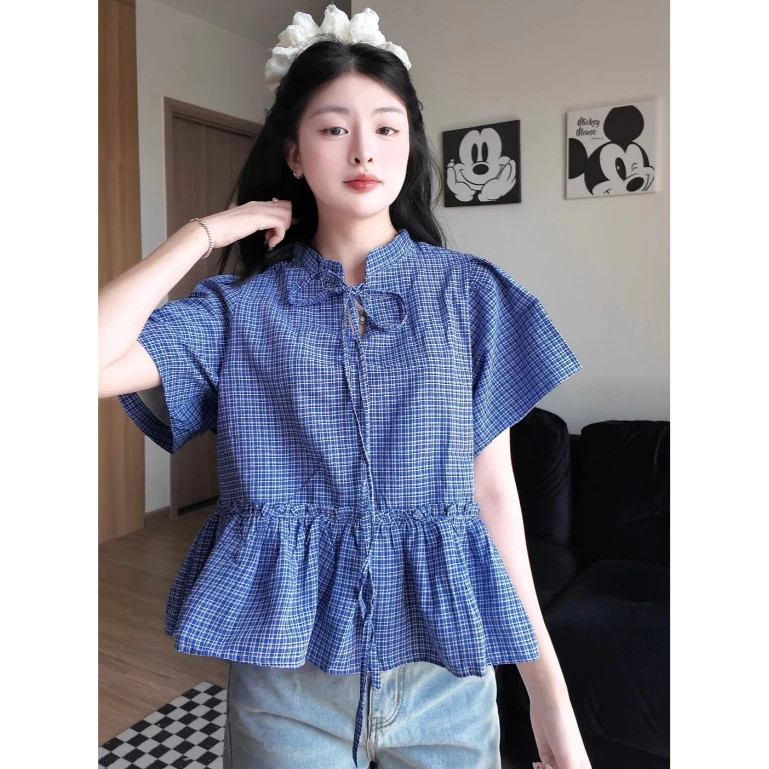 Áo Babydoll Kẻ Cổ Tàu Buộc Dây Cộc Tay, Áo Babydoll Nữ Ngắn Tay Buộc Nơ Dáng Rộng Chất Thô_A557