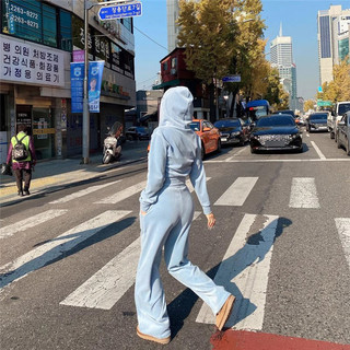Bộ áo sweatshirt nhung có mũ và khóa kéo cho phụ nữ, phong cách Hàn Quốc mới, thời trang thoải mái, bộ hai mảnh