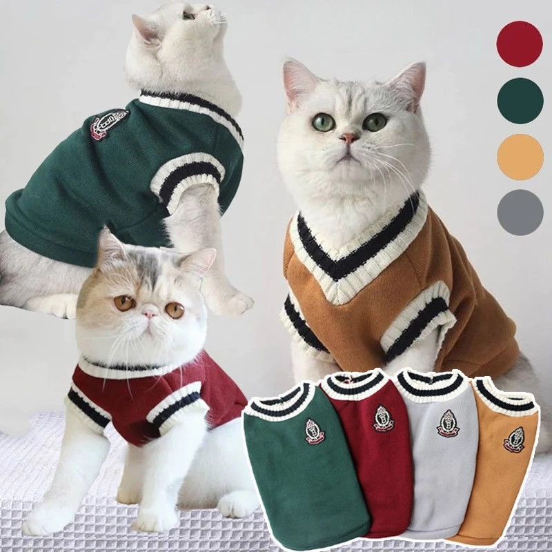 Chó Mèo Áo Len Preppy Phong Cách Cổ Chữ V Sọc Vest Thú Cưng Chó Con Mùa Đông Ấm Quần Áo Apperal Cho Chó Mèo XS-5XL