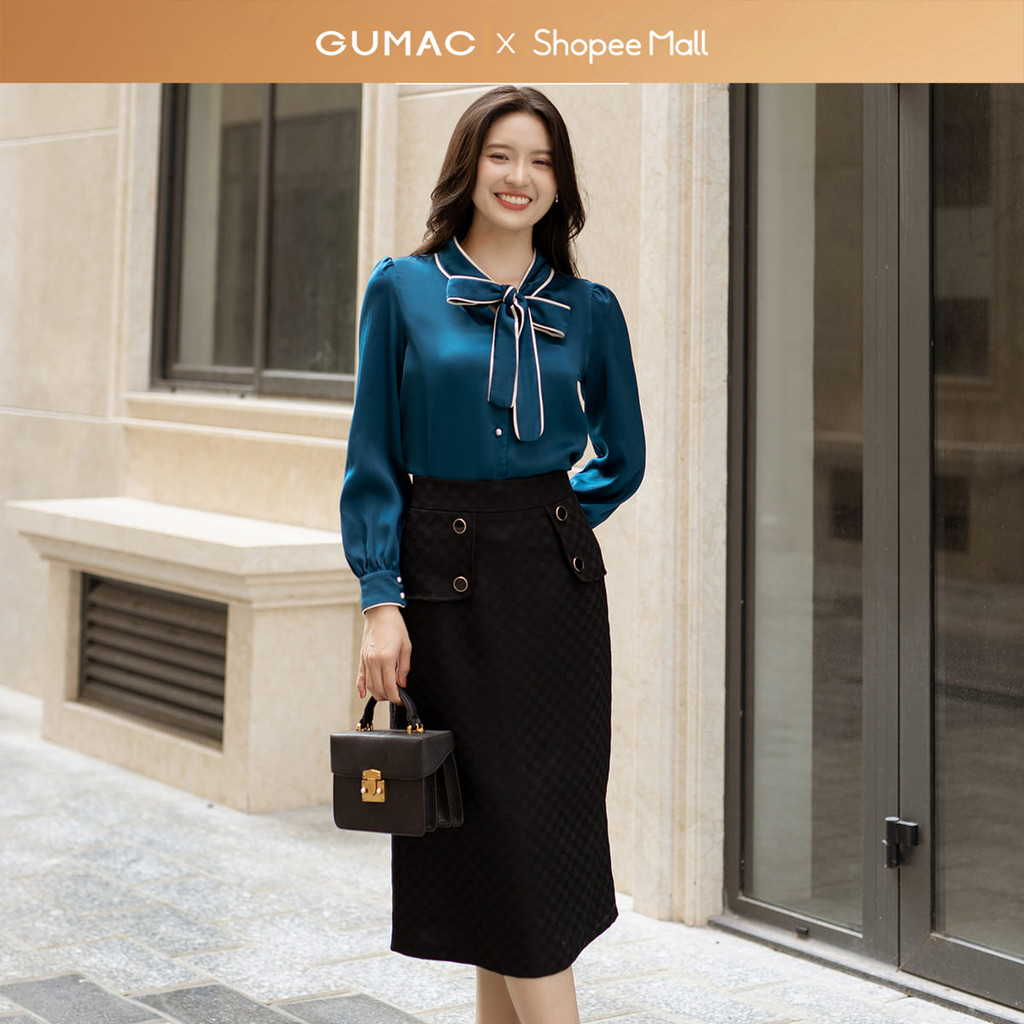 Chân váy nữ GUMAC A phối tà đắp đính nút vải cotton mịn sớ ô vuông  VD12015 - VD05002