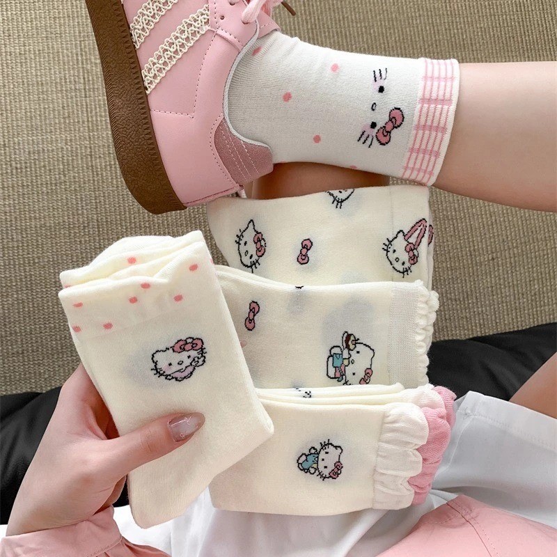 Set 10 Đôi Tất/ Vớ Hoạ Tiết Mèo Hello Kitty Hồng Cổ Cao Phong Cách Hàn Co Giãn Dễ Thương -tv