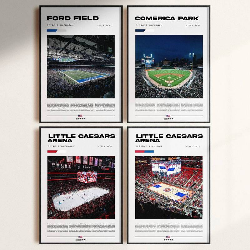 Detroit Sân Vận Động Thể Thao Poster Bộ Ford Field Comerica Park Little Caesars Arena Vintage Arena 