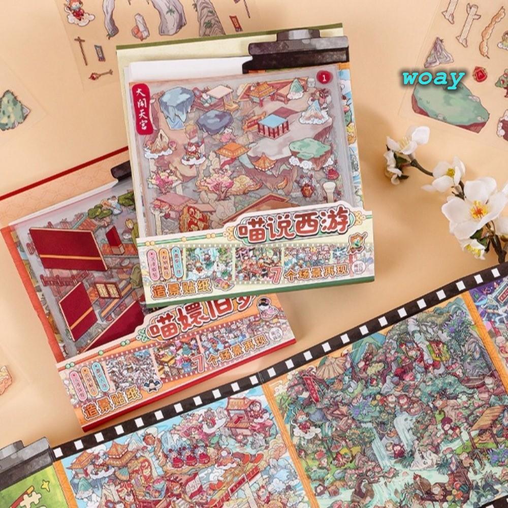 WOAY DIY Sticker Book, Scroll Style Cartoon Cat Cabin Scene, Meow Gets Into Character Kawaii Design 
