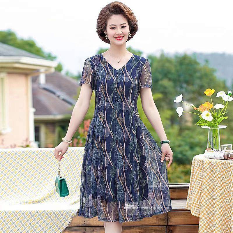 Mom Summer Clothes Mesh Dress 50-Year-Old Women's Summer Noble Dress 8Ocz