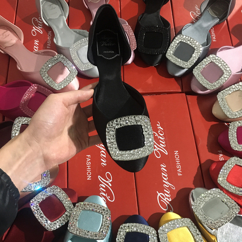 Square buckle flat shoes for women, hollow-out rhinestone single shoes, satin shallow flat heel