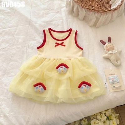Váy Tầng Lưới Phối Áo Thun Nơ Ngôi Nhà cho bé gái màu vàng kem chất mềm dự tiệc MINTSCLOSET GV0458